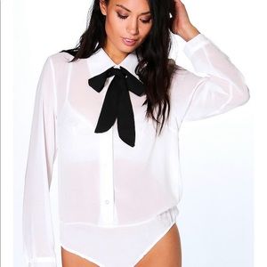 White and black tie neck bodysuit